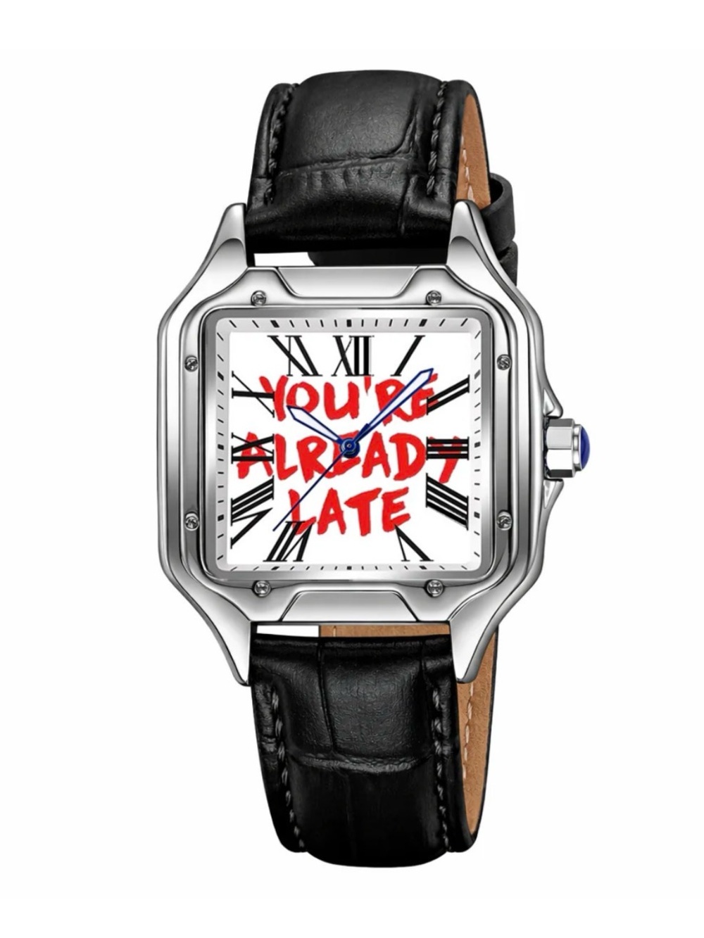 Silver Case Black Leather Watch with White Dial - You're Already Late Design
